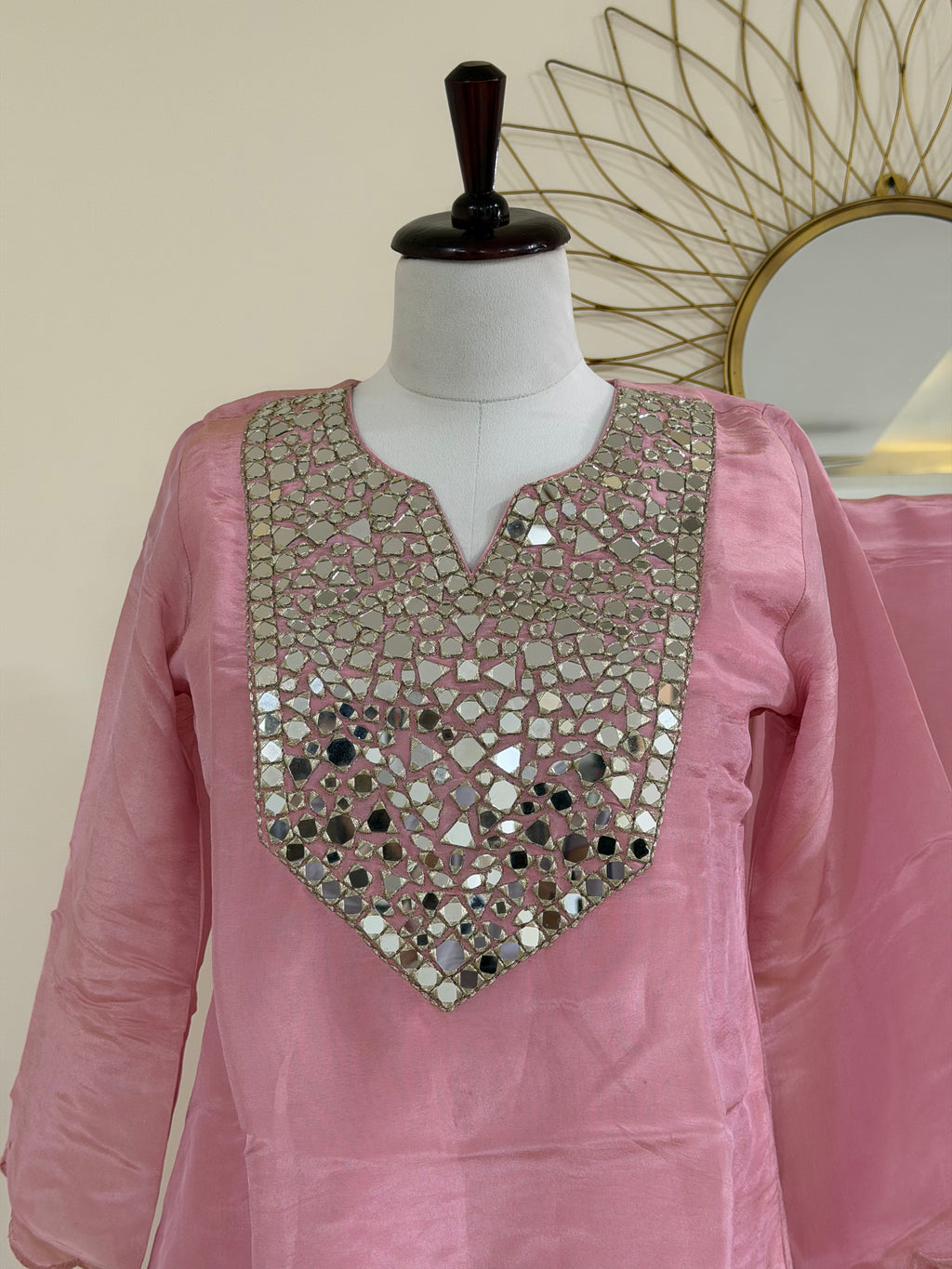 Pink Chanderi Co-ord Set with Mirror Work Yoke