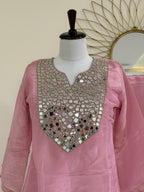 Pink Chanderi Co-ord Set with Mirror Work Yoke