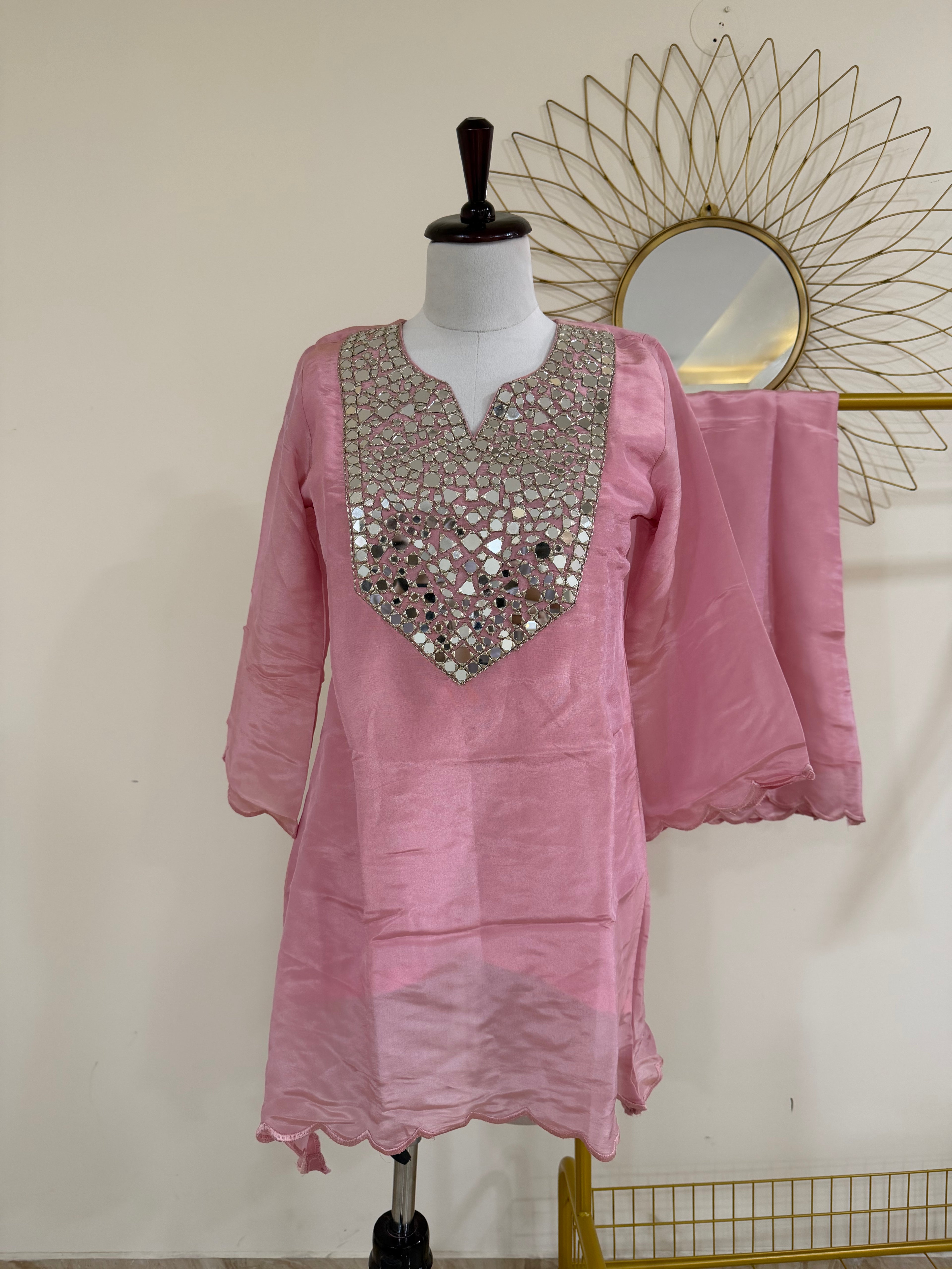 Pink Chanderi Co-ord Set with Mirror Work Yoke