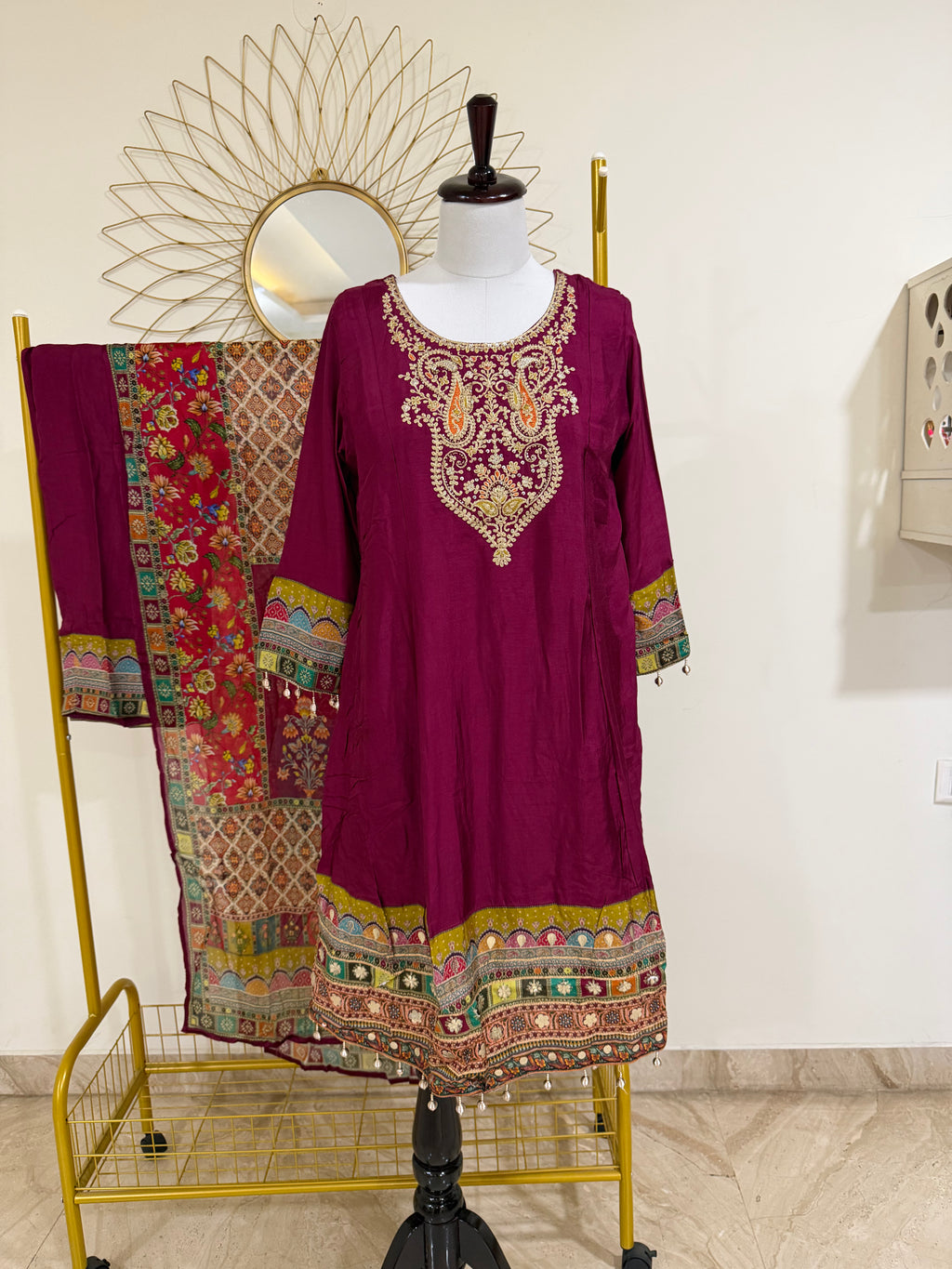Magenta Crepe 3-Piece Suit Set with Embroidered Yoke & Multicolored Dupatta