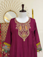 Magenta Crepe 3-Piece Suit Set with Embroidered Yoke & Multicolored Dupatta