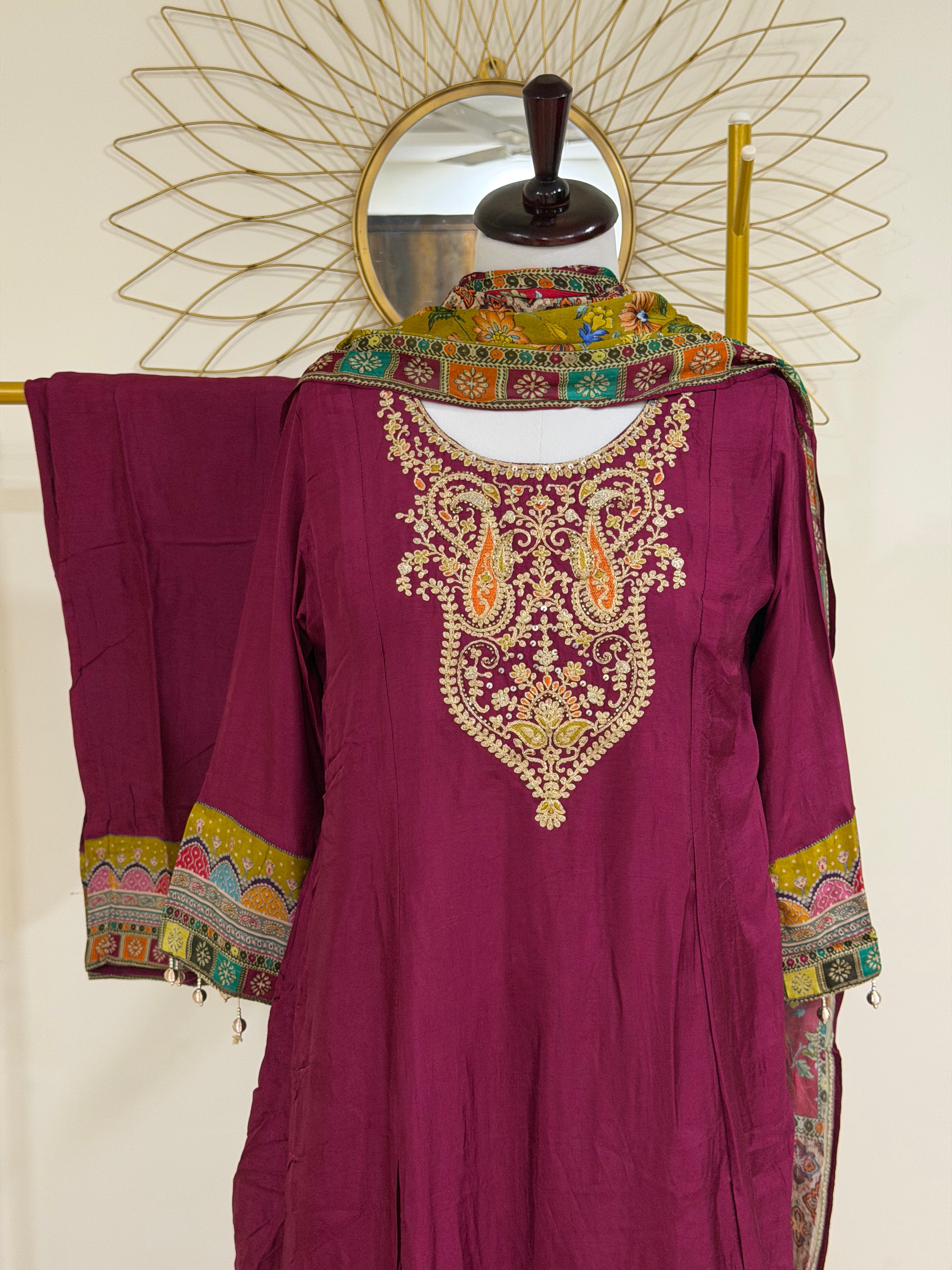 Magenta Crepe 3-Piece Suit Set with Embroidered Yoke & Multicolored Dupatta