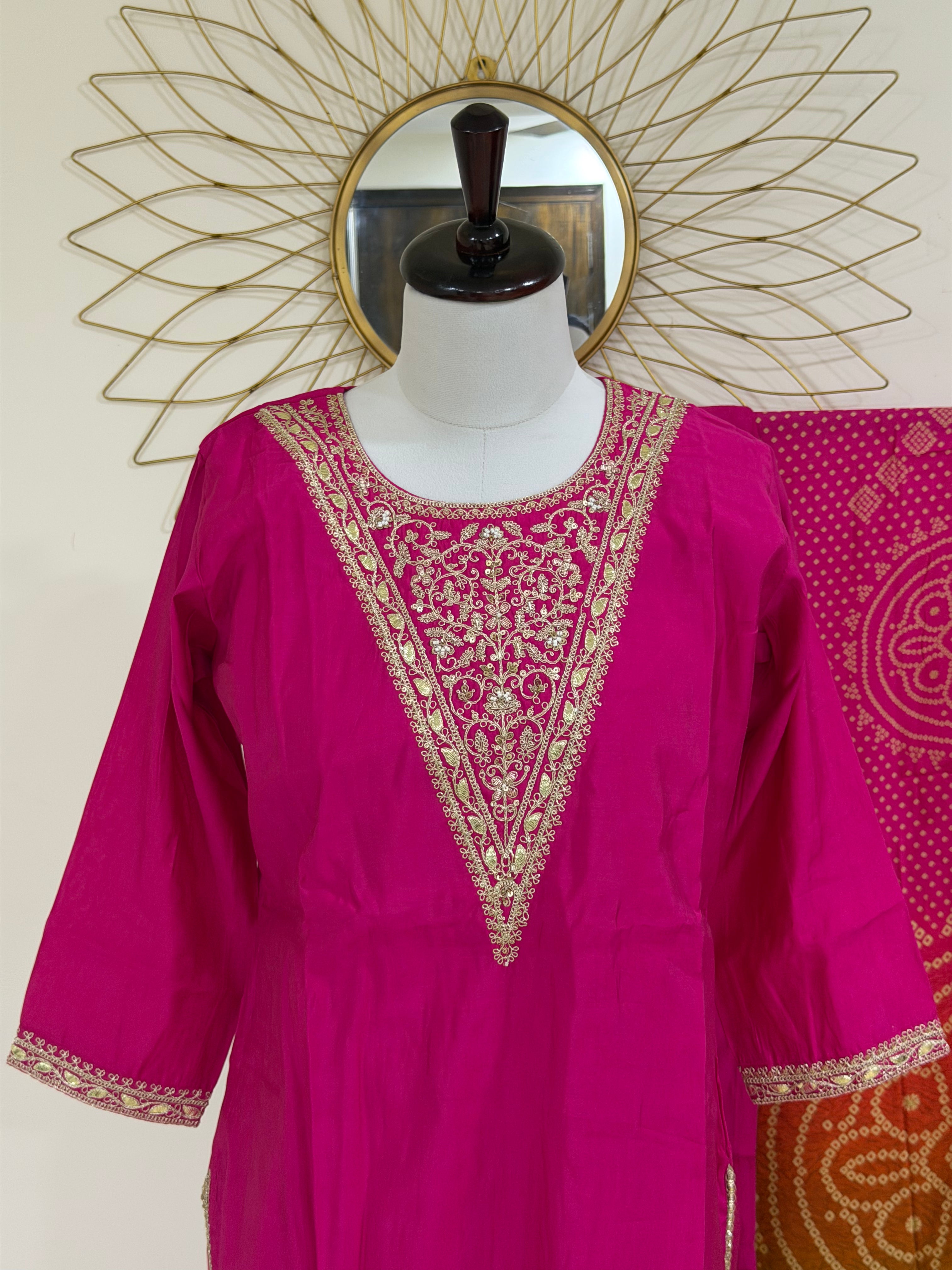 Rani Pink Chanderi Silk Festive Suit Set with Bandhani Dupatta