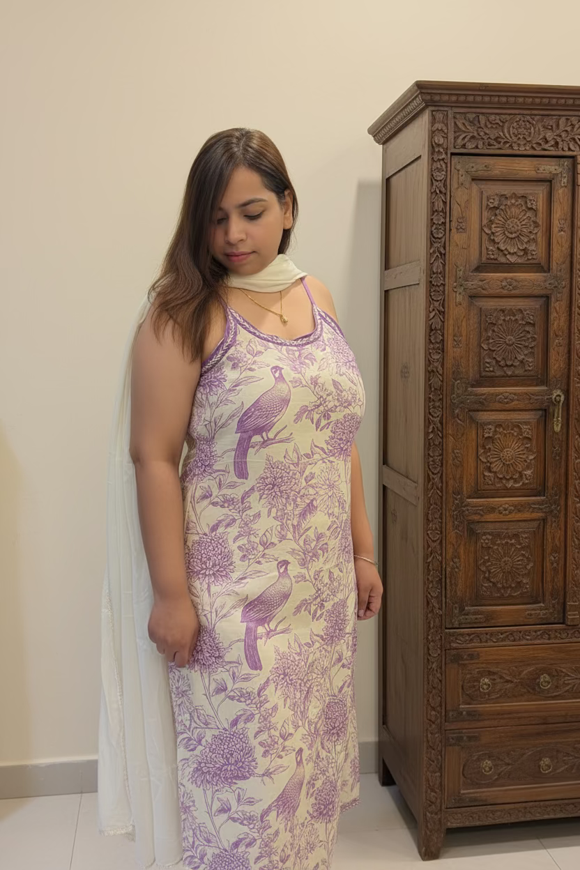 A woman wearing a sleeveless cream-colored dress with a purple peacock and floral toile pattern, styled with a white dupatta, standing in an indoor setting.