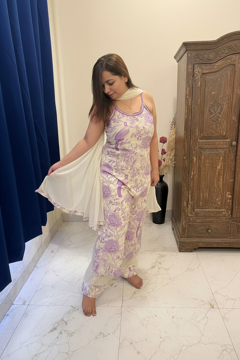 A woman modeling a light purple and white floral print salwar suit set with a white dupatta in a bedroom setting.