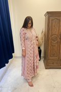 White & Pink Printed Cotton Anarkali 3-Piece Suit Set