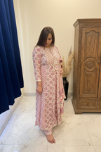 White & Pink Printed Cotton Anarkali 3-Piece Suit Set