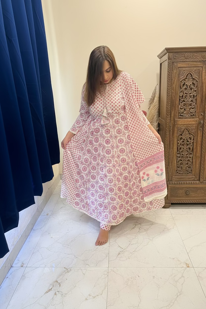A woman wearing a pink and white patterned kaftan dress with a matching belt, standing in a bedroom setting next to a bed with a floral-patterned sheet.