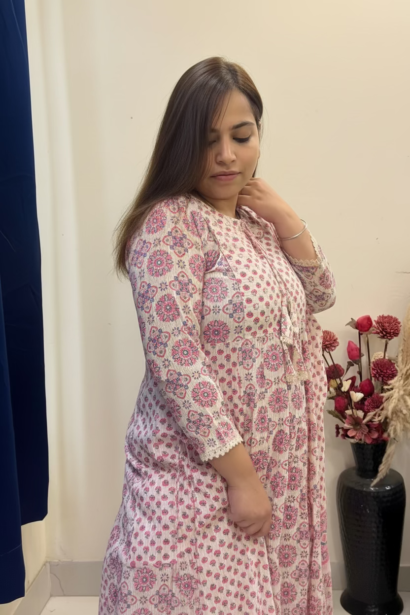 A woman wearing a pink and white floral print kurta with lace trim, standing in front of a mirror in an indoor setting.