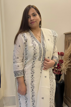 White & Grey Embroidered Cotton 3-Piece Suit Set