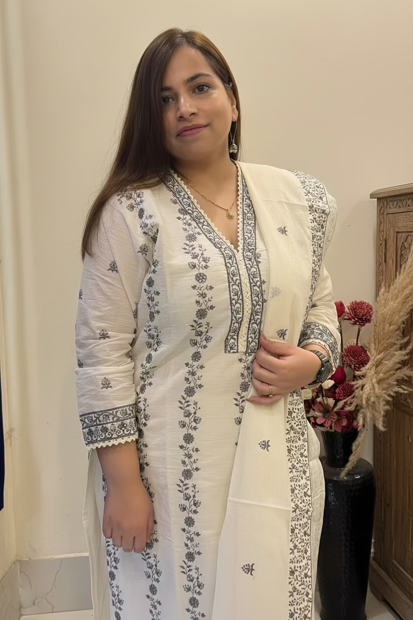 White & Grey Embroidered Cotton 3-Piece Suit Set