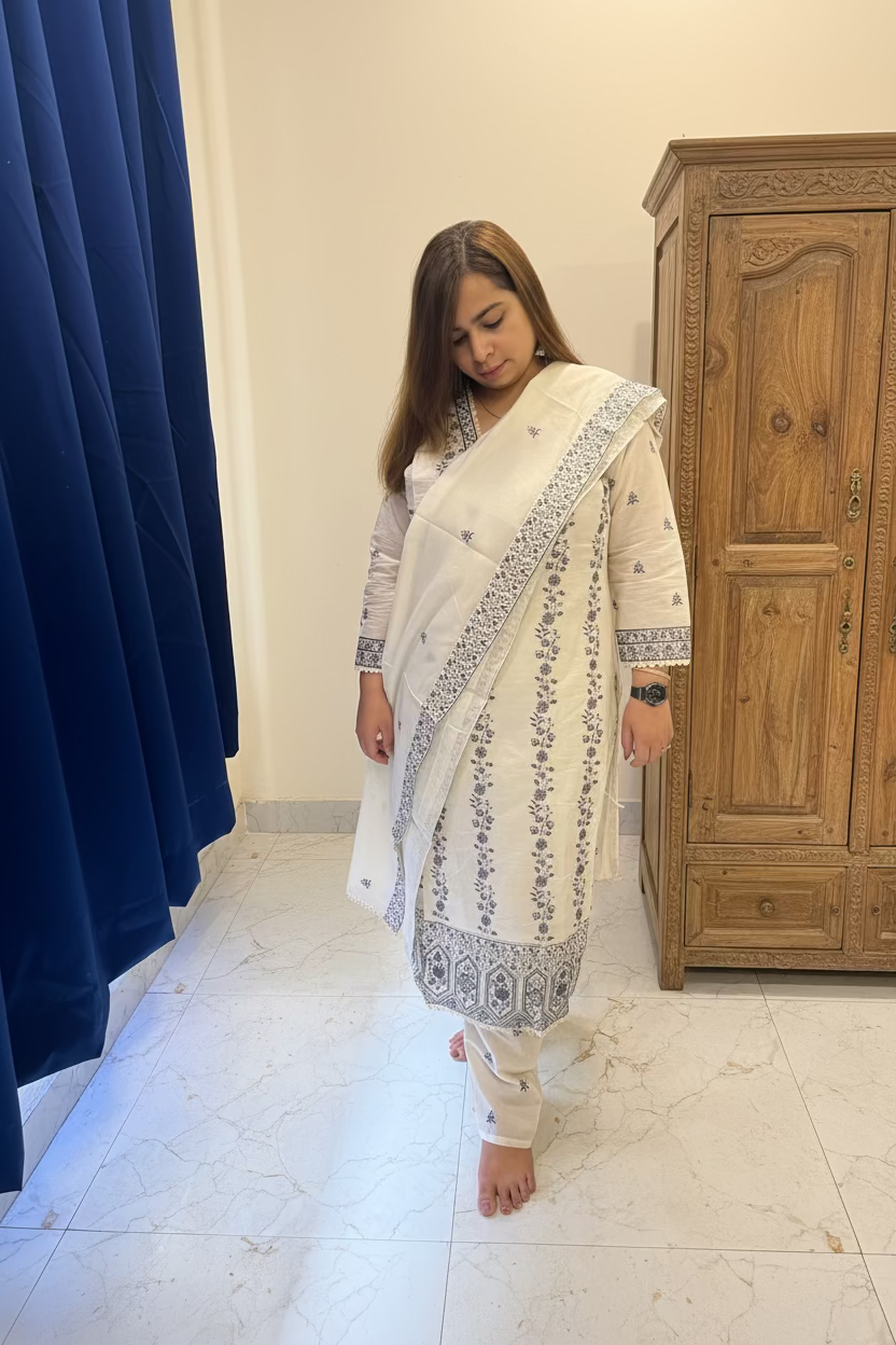 White & Grey Embroidered Cotton 3-Piece Suit Set