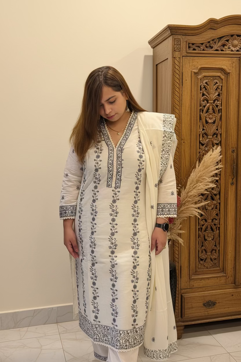 A woman wearing a white traditional embroidered kurta set with a matching dupatta, featuring gray floral patterns and detailed borders, standing in front of a mirror in an indoor setting.
