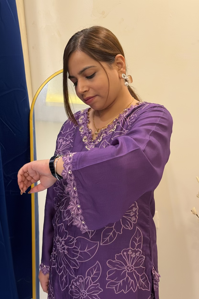 A woman wearing a purple embroidered kurta with floral patterns and bell sleeves, looking down at her wrist while wearing a black watch.