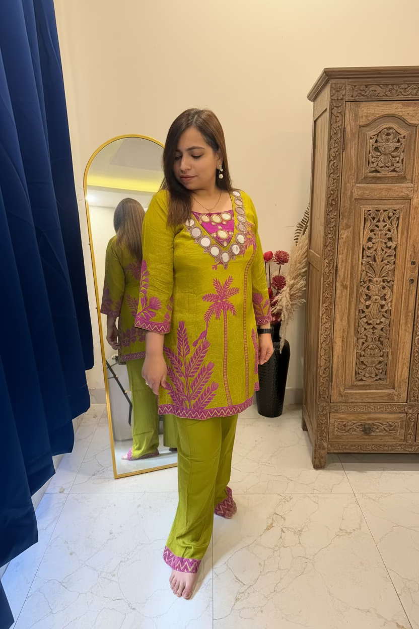 A woman modeling a bright lime green traditional Indian outfit with pink floral embroidery and silver mirror work on the neckline, standing in a bedroom setting with a mirror, bed, and blue curtain visible.