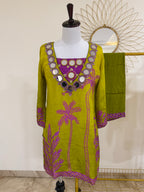 Vibrant Green & Purple Mirror Work Co-ord Set