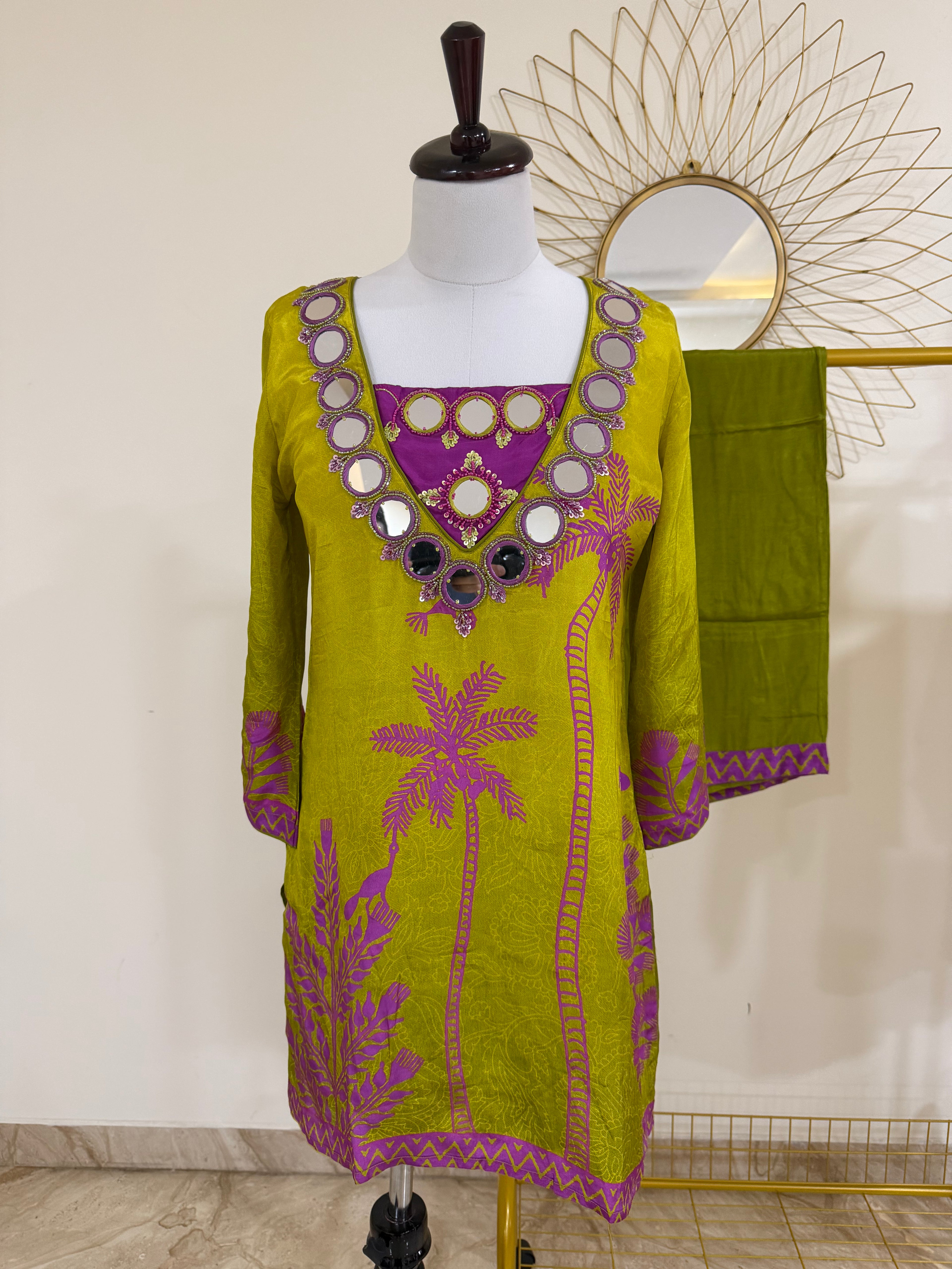 Vibrant Green & Purple Mirror Work Co-ord Set