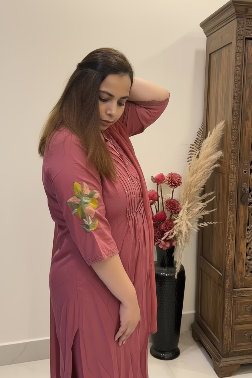 A woman wearing a dusty rose pink kurta with green and yellow floral embroidery on the sleeve, standing in an indoor setting.