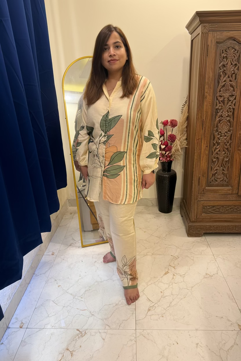 A woman modeling a cream-colored two-piece pajama set with green leaf prints and vertical stripes on the tunic, standing in a bedroom setting.