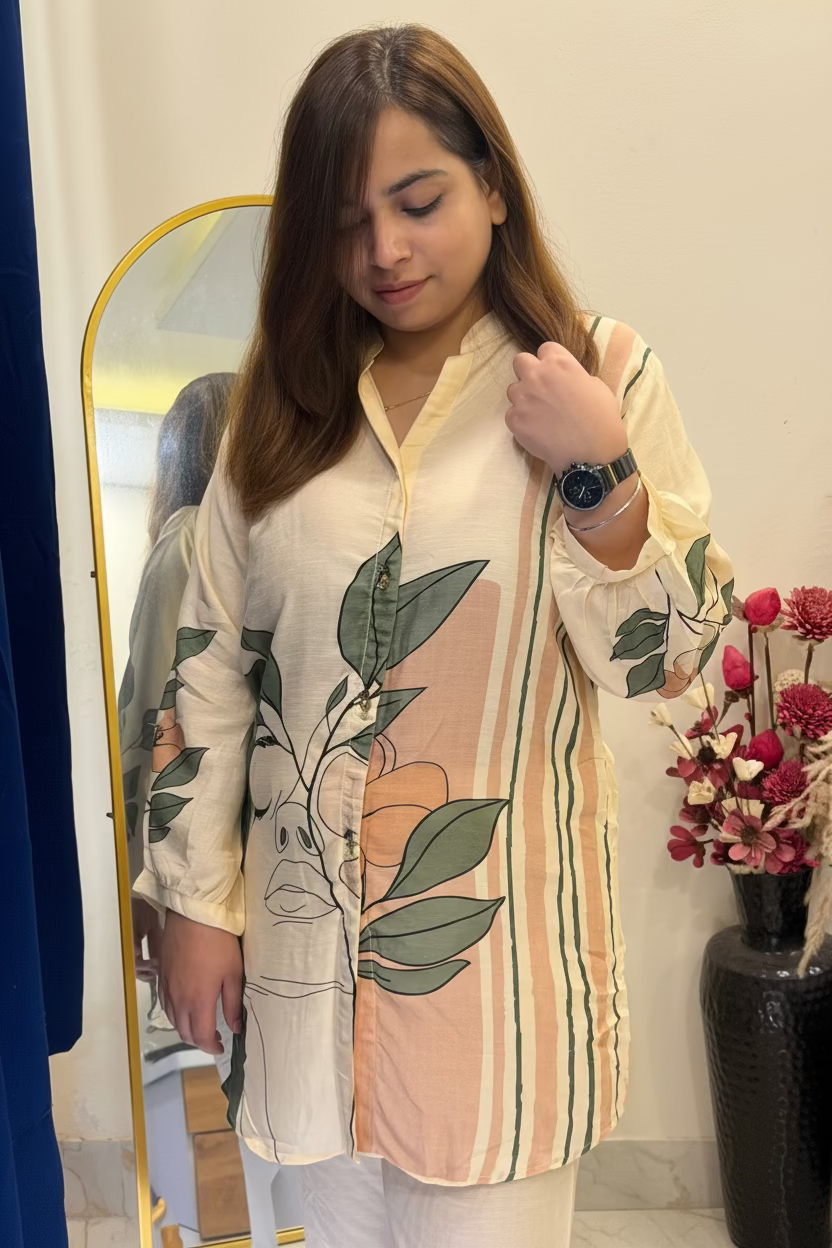 A woman wearing a cream-colored tunic top with green leaf and peach-orange floral prints, standing in front of a mirror in an indoor setting.