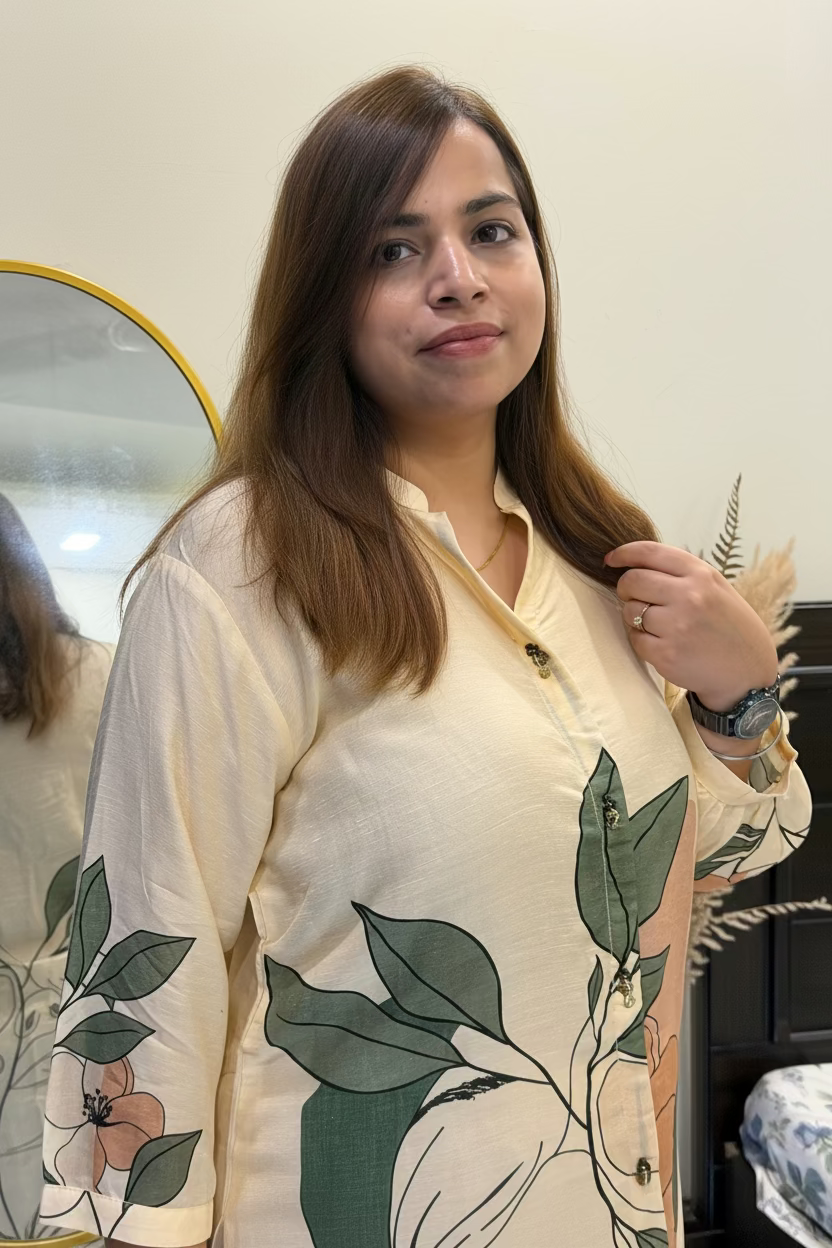 A woman with long brown hair wearing a cream-colored long-sleeve kurta with a green leaf and peach floral print, standing in front of a mirror in an indoor setting.