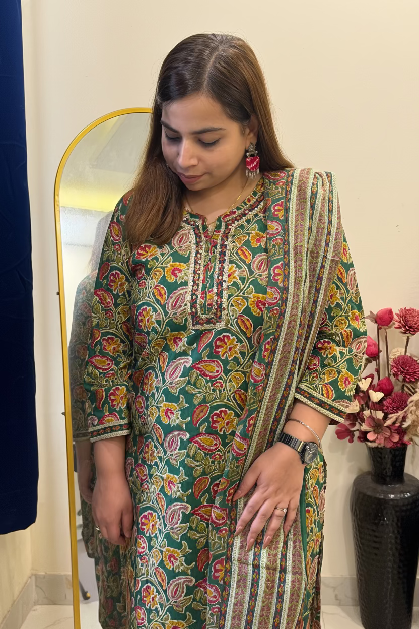 A woman wearing a green printed kurta with colorful floral patterns and a matching striped dupatta, standing indoors next to a mirror and a vase of flowers.