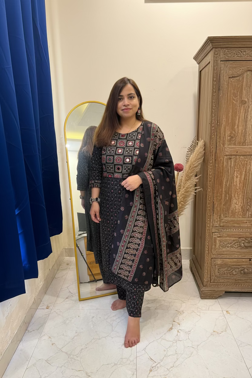 A woman modeling a black Indian salwar kameez suit with intricate multicolor geometric patterns and a matching printed dupatta, standing in a bedroom setting.