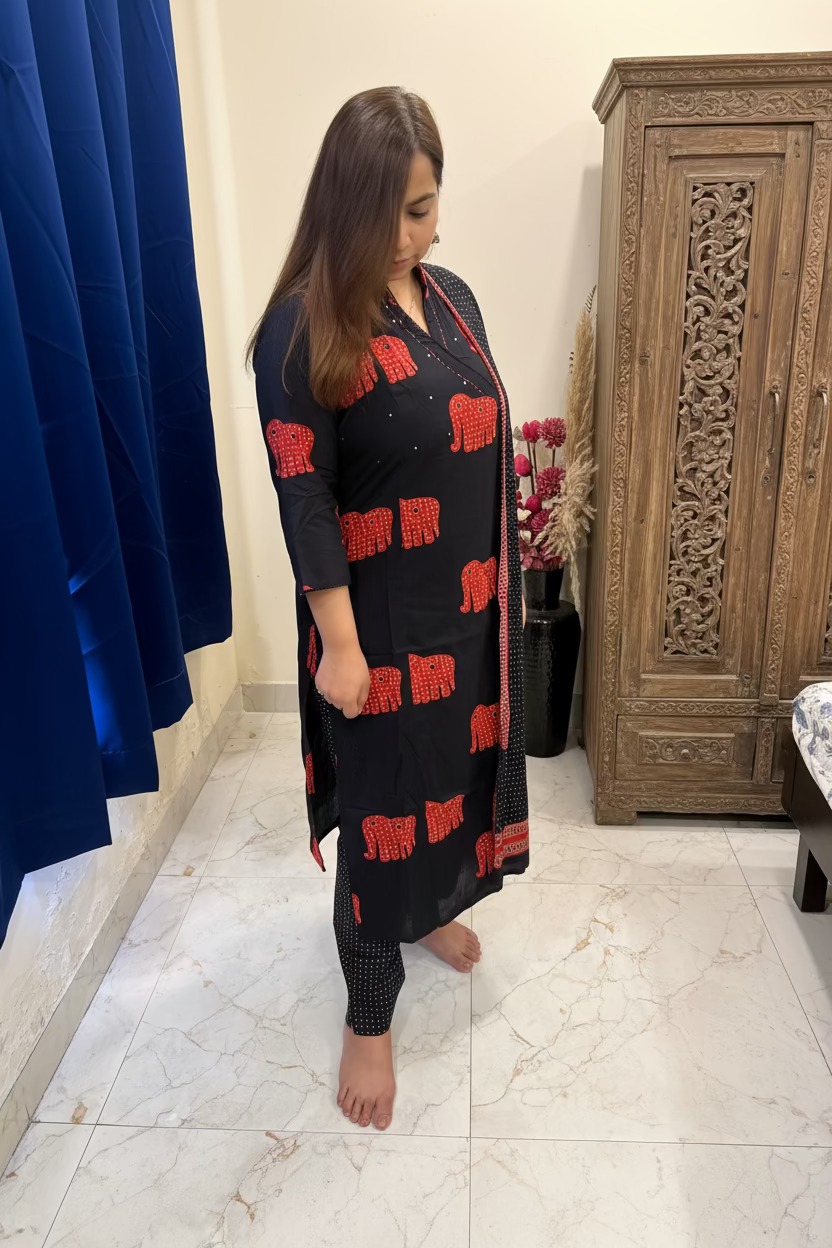 Black & Red Cotton 3-Piece Everyday Suit Set