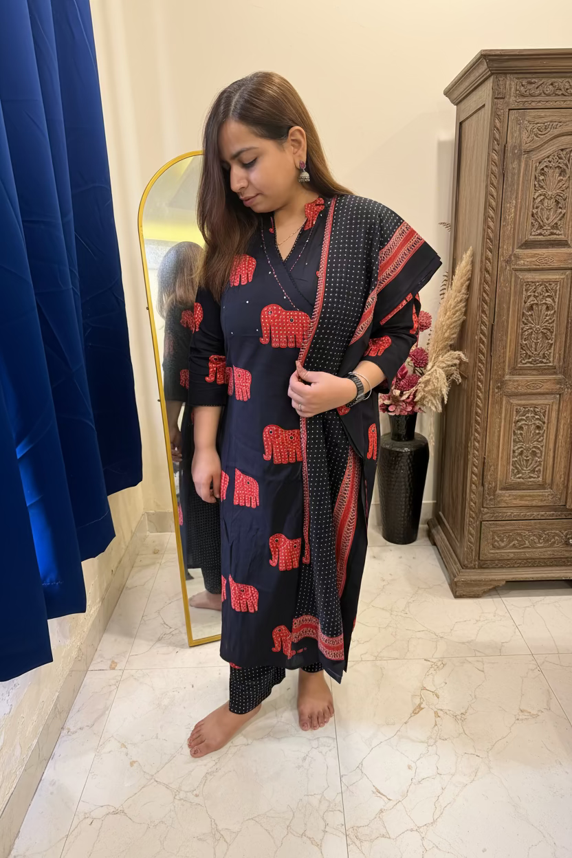 Black & Red Cotton 3-Piece Everyday Suit Set