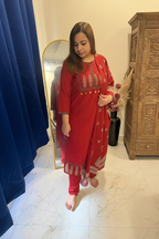 Rust Patchwork Cotton 3-Piece Suit Set with Block Print Dupatta