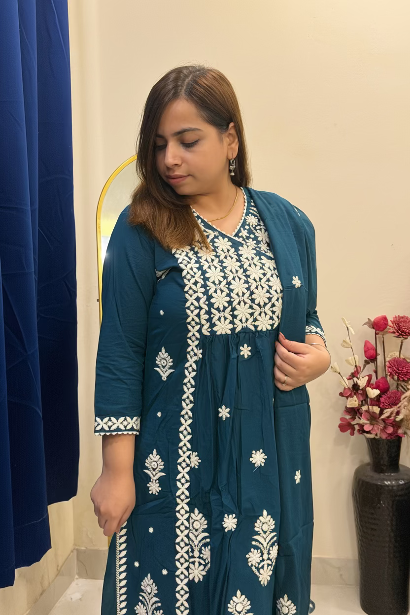 Teal Blue Chikankari Cotton 3-Piece Suit Set