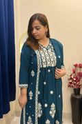 Teal Blue Chikankari Cotton 3-Piece Suit Set