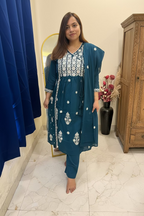 Teal Blue Chikankari Cotton 3-Piece Suit Set
