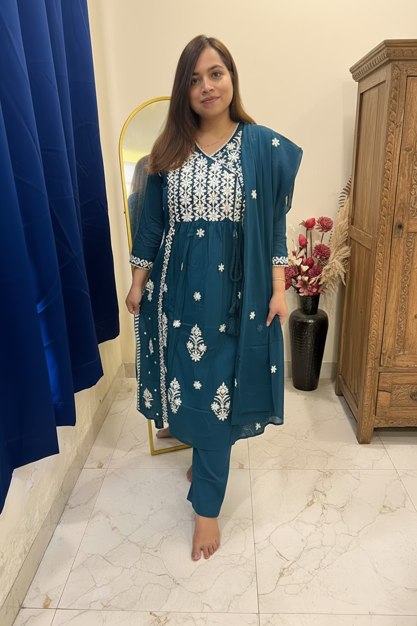 Teal Blue Chikankari Cotton 3-Piece Suit Set