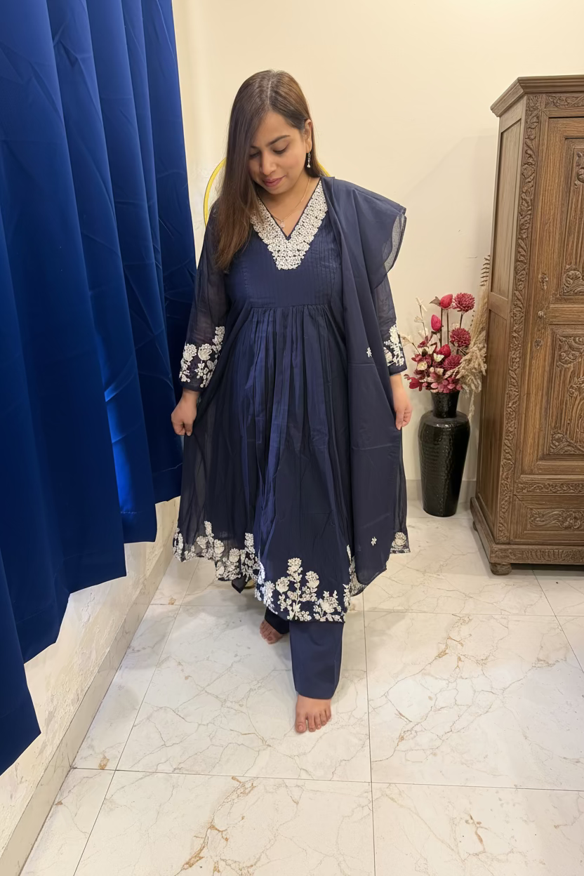 Deep Blue Embroidered Tissue Anarkali 3-Piece Suit Set