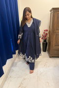 Deep Blue Embroidered Tissue Anarkali 3-Piece Suit Set