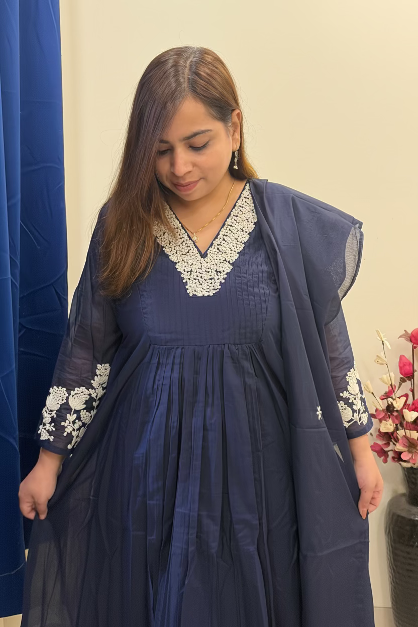 Deep Blue Embroidered Tissue Anarkali 3-Piece Suit Set