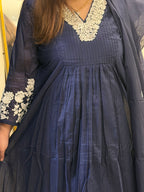 Deep Blue Embroidered Tissue Anarkali 3-Piece Suit Set