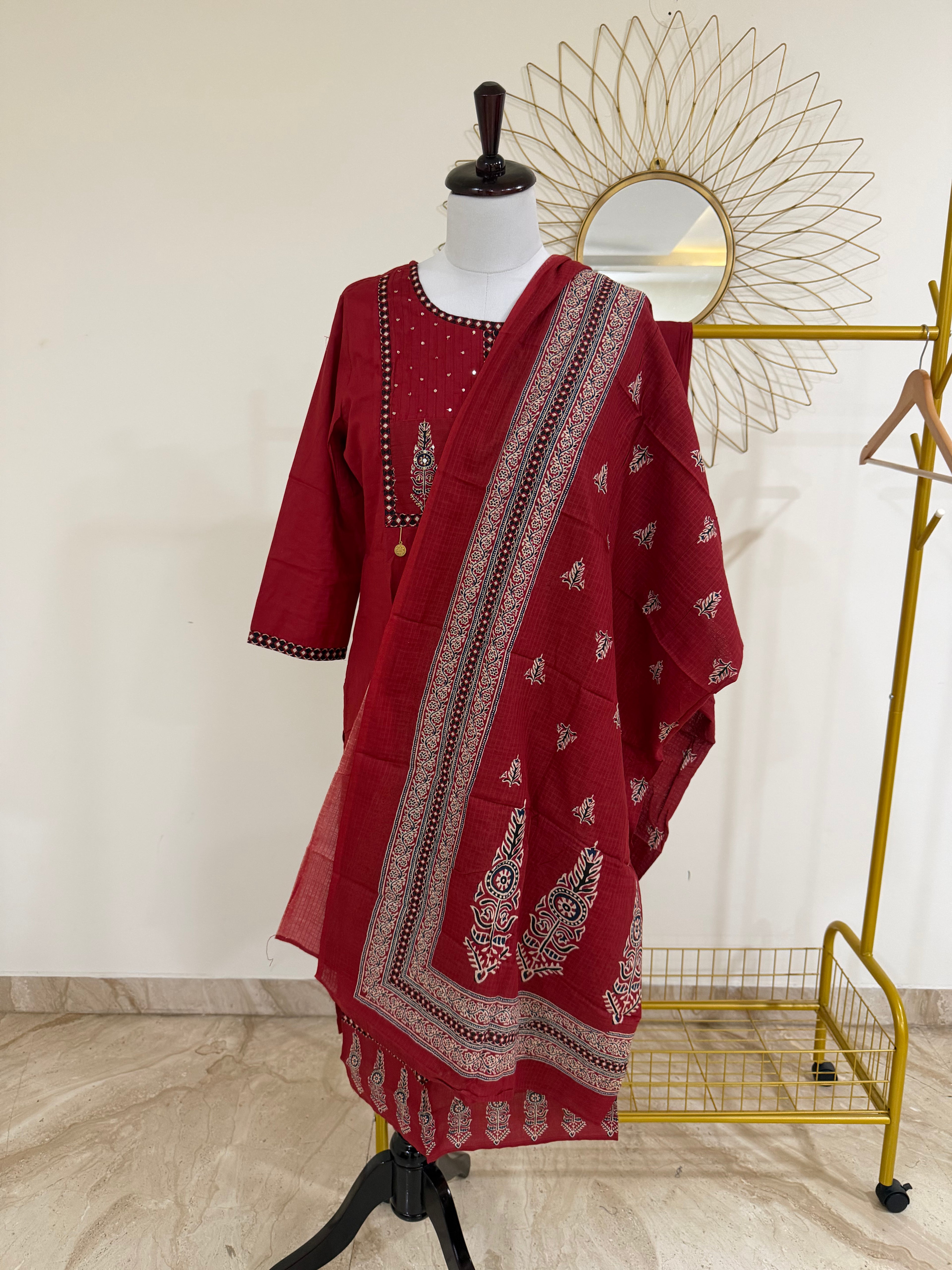 Rust Patchwork Cotton 3-Piece Suit Set with Block Print Dupatta