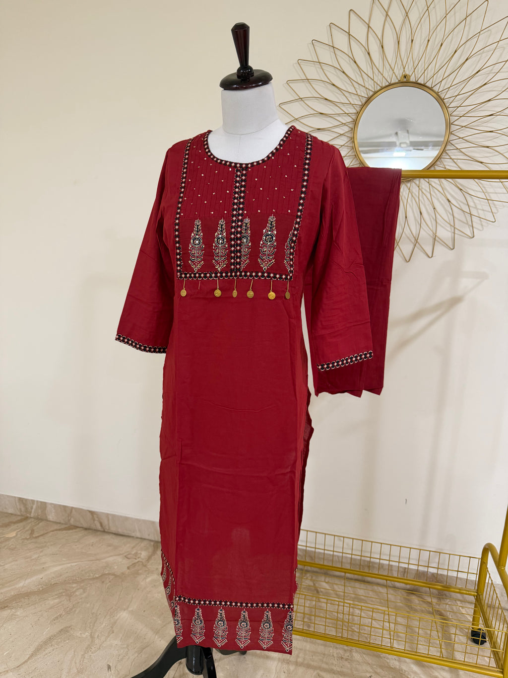 Rust Patchwork Cotton 3-Piece Suit Set with Block Print Dupatta
