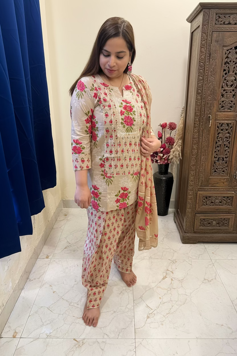 Beige & Pink Printed Cotton 3-Piece Suit Set with Farshi Salwar