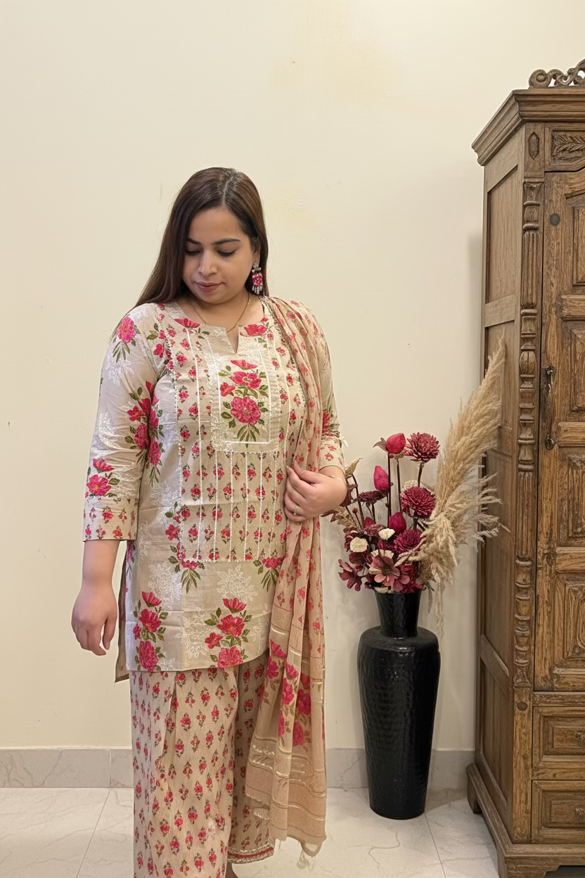 Beige & Pink Printed Cotton 3-Piece Suit Set with Farshi Salwar