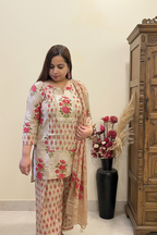Beige & Pink Printed Cotton 3-Piece Suit Set with Farshi Salwar