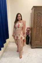 Beige & Pink Printed Cotton 3-Piece Suit Set with Farshi Salwar