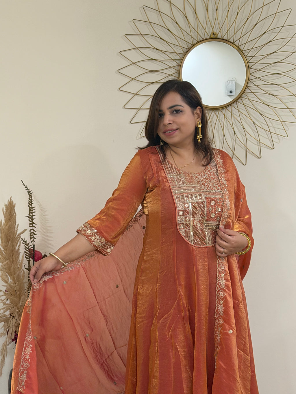 Burnt Orange Three-Piece Tissue Suit Set with Yoke & Cuff Embroidery
