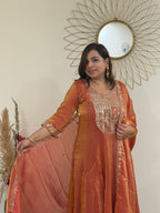 Burnt Orange Three-Piece Tissue Suit Set with Yoke & Cuff Embroidery