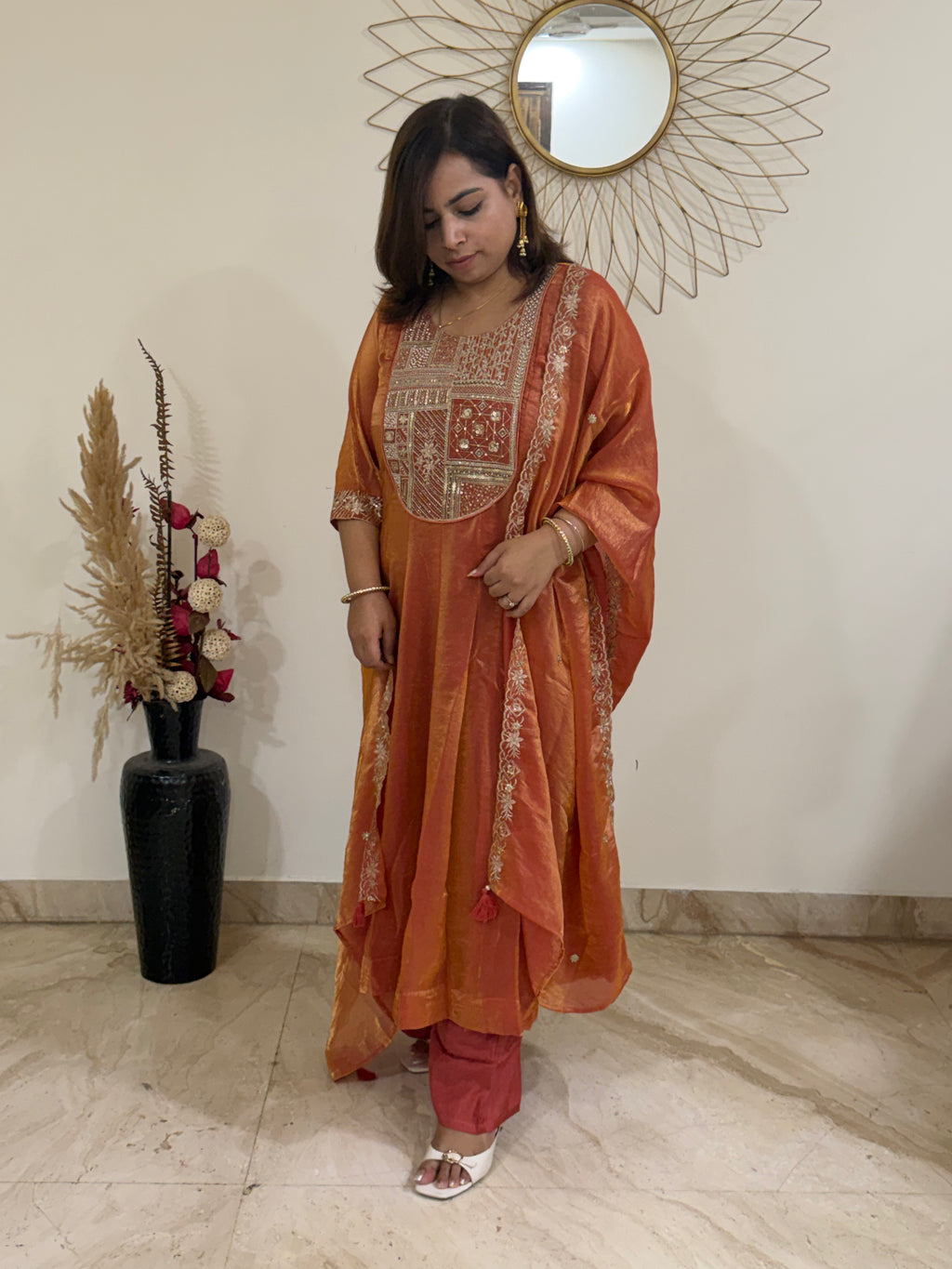 Burnt Orange Three-Piece Tissue Suit Set with Yoke & Cuff Embroidery
