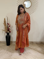 Burnt Orange Three-Piece Tissue Suit Set with Yoke & Cuff Embroidery