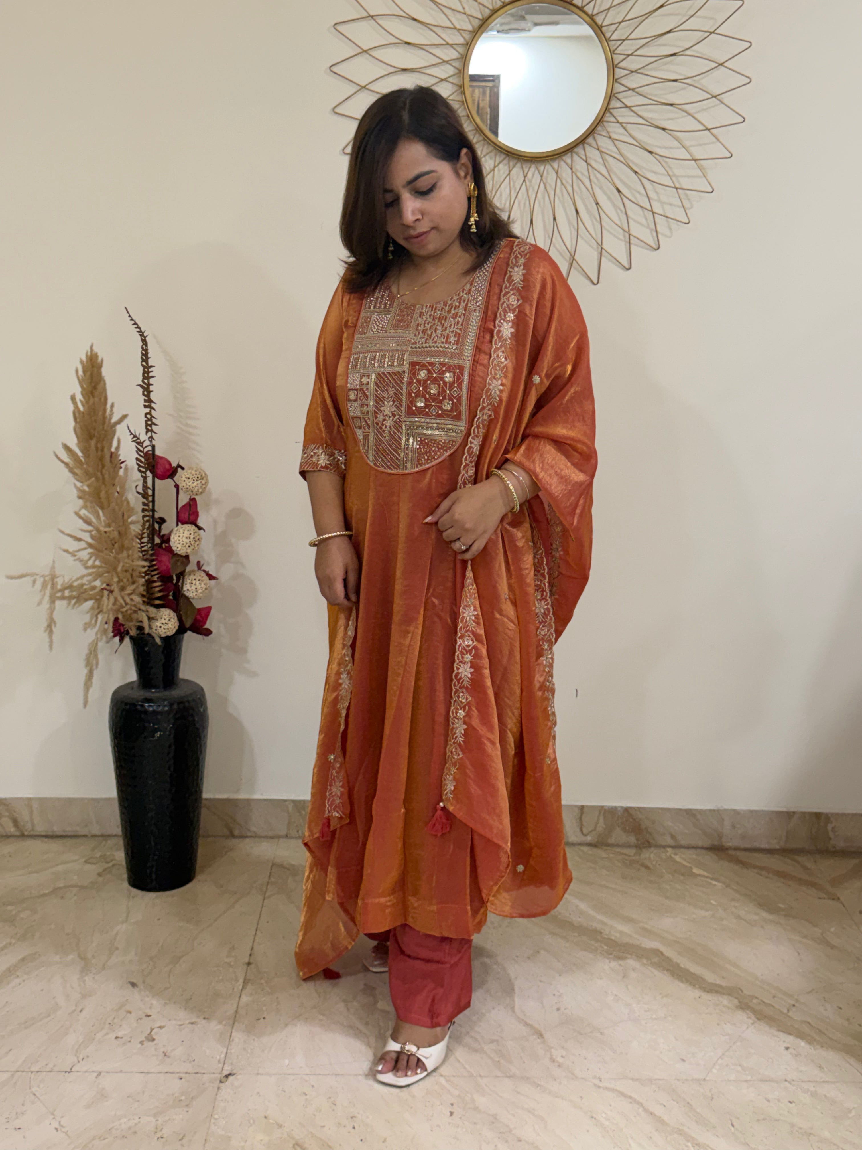 Burnt Orange Three-Piece Tissue Suit Set with Yoke & Cuff Embroidery
