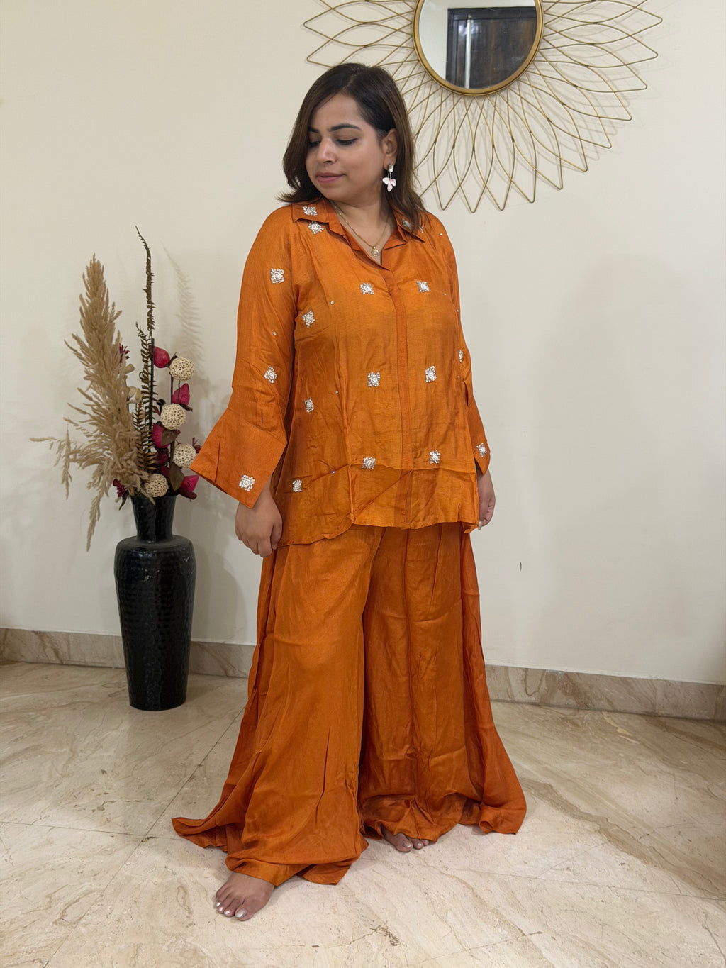 Burnt Orange Cotton Silk Coord Set with Zardozi-Embroidered Shirt
